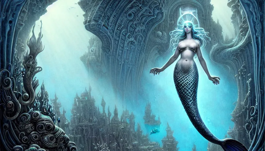 Prompt: a graceful beautiful mermaid looking at the sunken city of Atlantis deep under water, stunning undersea intricate detailed grand architecture in the style of Joe Fenton, art style by Greg Rutkowski and Mohrbacher and Gerald Brom and H. R. Giger, deep underwater scene, dark and moody, rays of sunlight, faint volumetric god rays, grim crushing atmosphere, trending on artstation, masterpiece, claustrophobic, dizzy, sharp focus, 8k octane beautifully detailed render, post-processing, extremely hyperdetailed, intricate, epic composition, grim yet sparkling atmosphere, cinematic lighting + masterpiece, trending on artstation, very detailed, Art Nouveau