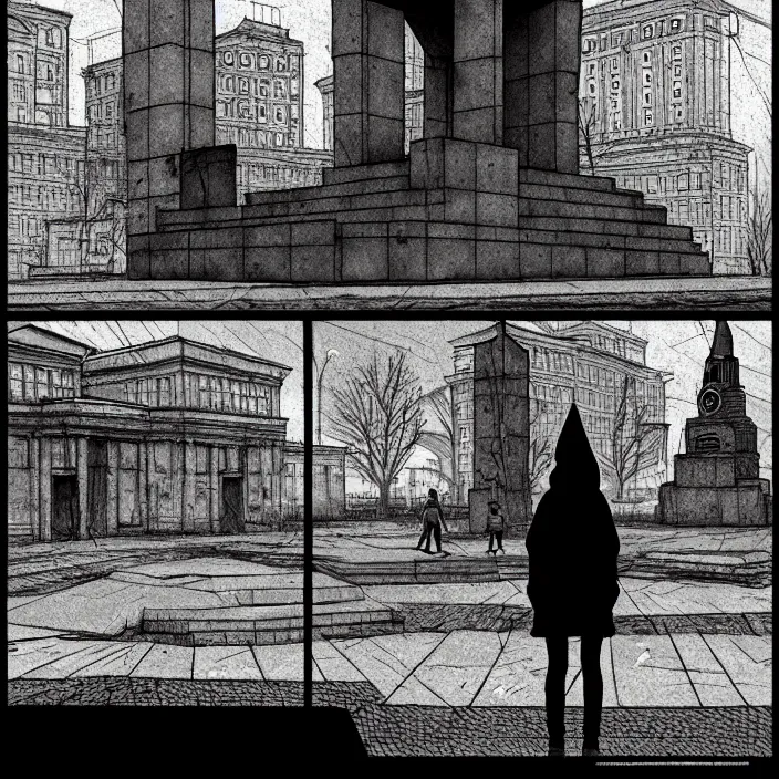 Image similar to storyboard : sadie sink in hoodie sits on bench in ruined square, pedestrians walk by, soviet monument and propaganda posters. scifi cyberpunk. by gabriel hardman. cinematic atmosphere, detailed and intricate, perfect anatomy