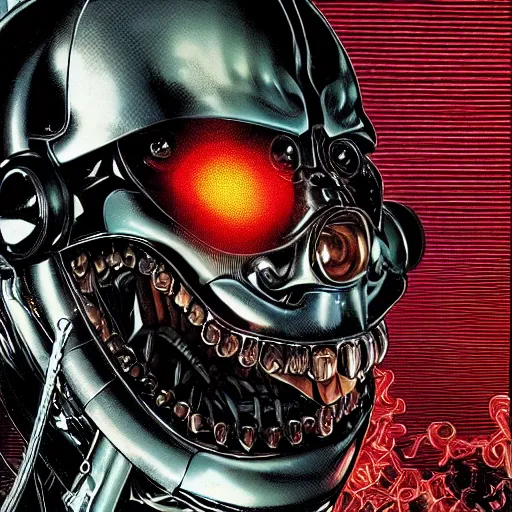 Image similar to portrait closeup of crazy black carbon terminator laughing, symmetrical, cinematic colors, by yoichi hatakenaka, masamune shirow, josan gonzales and dan mumford, ayami kojima, takato yamamoto, barclay shaw, karol bak, yukito kishiro