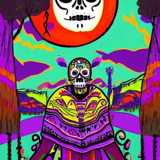 Prompt: day of the dead bandit with a canyon background and ethereal mist, style of niklas akerblad, drawn lines, stylized, acid trip, vibrant colors, dripping colors, very detailed