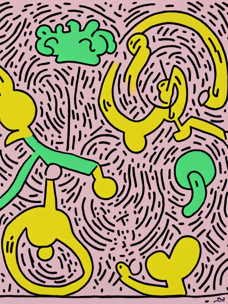 Image similar to minimal acorn that turns into a tree in the shape of a treble clef, a big rip down the middle, splashes of color, inspirational and powerful, keith haring