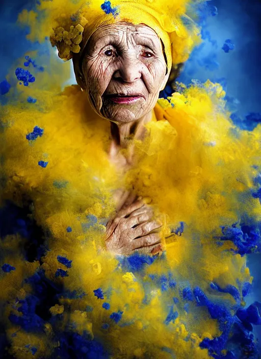 Image similar to crying old ukrainian woman!!!!, fully covered in yellow and blue clouds!!!, disarming, enchanting, fragile, hopeful, cloudcore, portrait, by kim keever