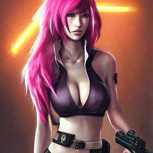 Prompt: concept art illustration of young japanese christina hendricks natalie portman as lara croft motoko kusanagi anime protagonist, pink hair, wearing tokyo harajuku street fashion, combat warrior fantasy bikini, intricate, elegant, art by artgerm and rosstran, masamune shirow