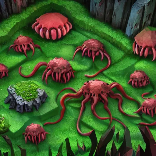 Image similar to voidless of the festival!, The Graveyard, blood moon tentacles!!, large group of crabs and worms, crawling along a bed of moss, low poly, creeper world, handcrafted, artstation, hyperrealistic, hard light, best practices, creeptastic, photorealism, macro perspective, cuddly