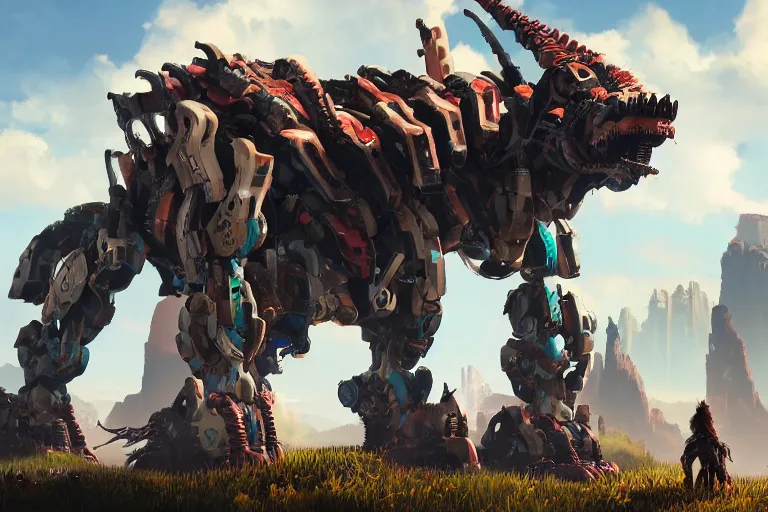 Image similar to grimhorn fanghorn machine mecha animal beast robot of horizon forbidden west horizon zero dawn bioluminiscence global illumination ray tracing hdr fanart arstation by sung choi and eric pfeiffer and gabriel garza and casper konefal