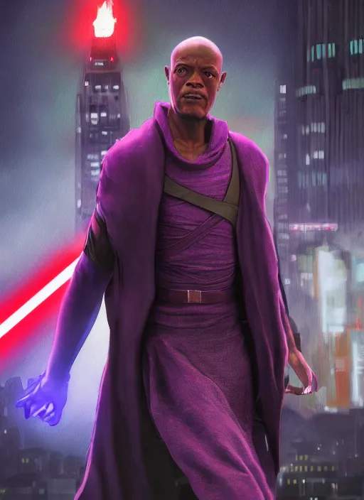 Prompt: An epic fantasy comic book style portrait painting of a young Mace Windu using the force to escape the police in Times Square, Star Wars, Unreal 5, DAZ, hyperrealistic, octane render, cosplay, RPG portrait, dynamic lighting