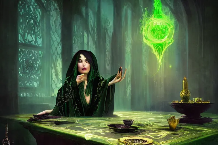 Image similar to a beautiful sorceress wearing a black robe with gold embroidery, sitting at table, casting a spell, green glows, painted by wlop and tom bagshaw, in the style of magic the gathering, highly detailed digital art