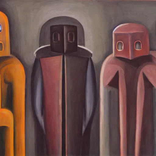 Image similar to three brutalist giant sacred robots visage, portrait, cathedral, dystopian, pj crook, edward hopper, oil on canvas