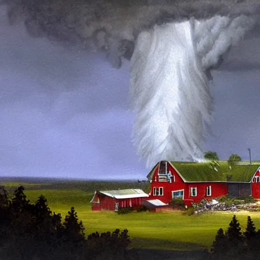 Prompt: an epic view of a tornado destroying a farmhouse, concept art