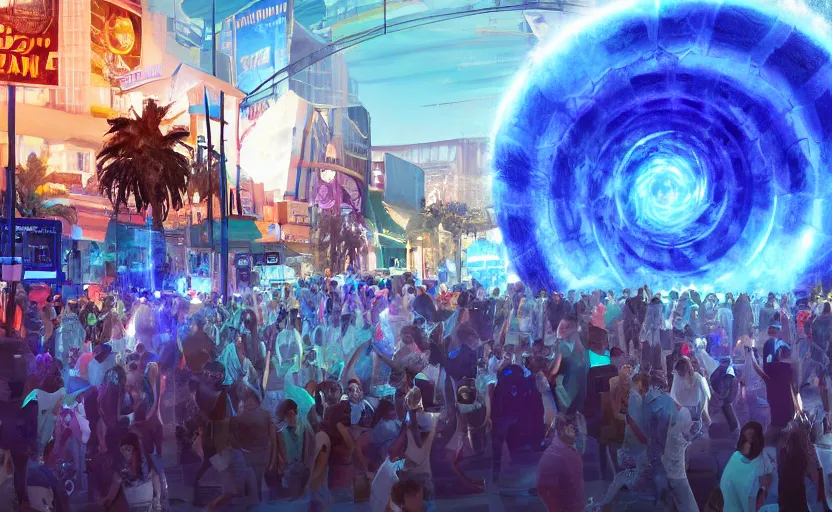 Image similar to crowd of crazy people with posters attacking cops in front a huge blue spiral - shaped bright white luminous attractor that is floating and stores in los angeles with light screens all over the street, concept art, art for the game, professional lighting, night lighting from streetlights