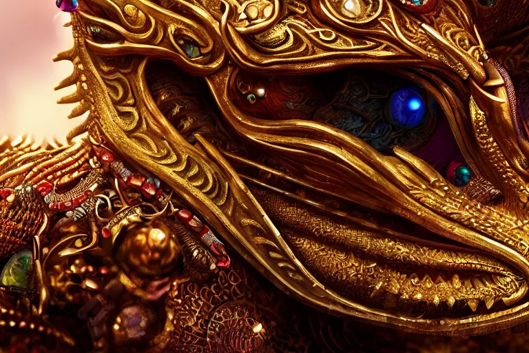 Image similar to cinematic closeup portrait of a golden dragon intricately decorated with colorful jewels, bokeh, sand dunes, detailed textures, dramatic lighting, unreal engine, cgsociety, artstation, 4k