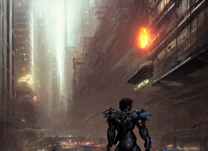 Image similar to samuel rodriguez from metal gear rising revengeance in the city by greg rutkowski