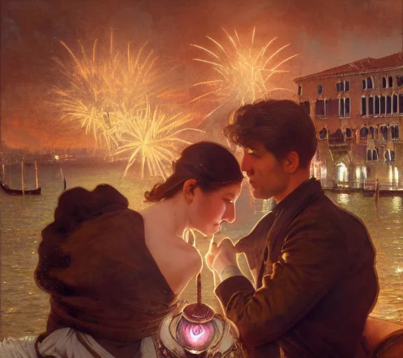 Image similar to photography of a couple in venice with fireworks, deep focus, intricate, elegant, highly detailed, digital painting, artstation, concept art, matte, sharp focus, illustration, art by artgerm and greg rutkowski and alphonse mucha and gil elvgren