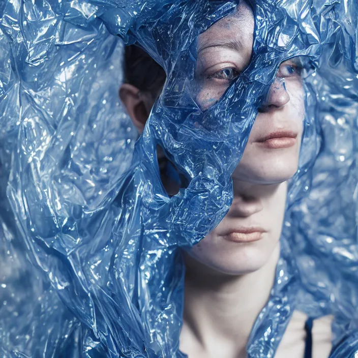 Image similar to closeup portrait of a woman wrapped in dark blue cellophane, standing in a derelict building interior, color photograph, by iris van herpen, canon eos c 3 0 0, ƒ 1. 8, 3 5 mm, 8 k, medium - format print