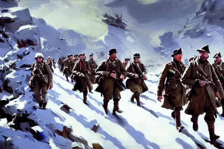 Prompt: intense vibrant film still of infantry wearing trenchcoats charging across a bridge, ww 2 snowy mountain battle 1 9 4 4, airplanes, oil painting by john singer sargent, adrian smith, greg rutkowski, trending on artstation