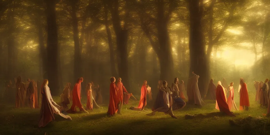 Image similar to masterpiece ephemeral demons, vampires and witches dancing in the woods at dusk, edmund leighton, majestic, volumetric lighting, photorealistic, intricate, trending on artstation 8 k