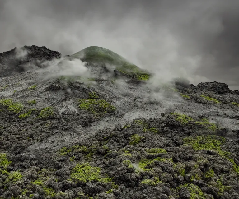 Image similar to a metallic volcano, post - apocalyptic world, green lava, steam, fog, grey skies