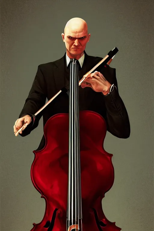 Image similar to an expressive portrait of agent 4 7 playing the cello in a monastery, dark background, red rim light, digital art, artstation, concept art by giger stalenhag