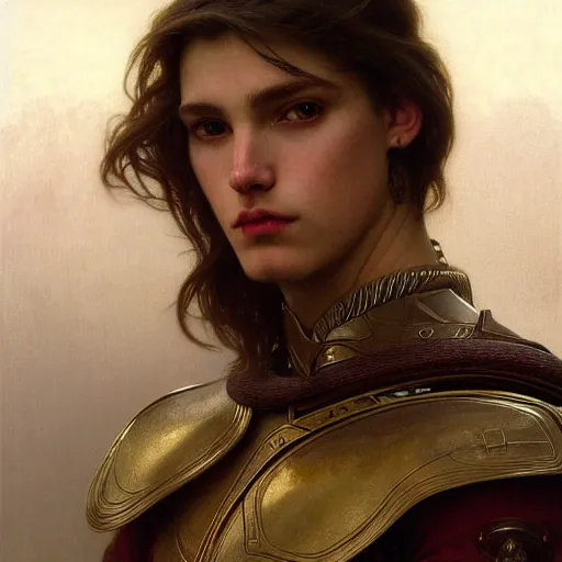 Prompt: portrait painting of a pale serious young man with soft face and medium brown wavy hair wearing armor, ultra realistic, small orbit, concept art, intricate details, eerie, highly detailed, pursed lips, melancholy expression, photorealistic, wide upturn nose, prominent chin, octane render, 8 k, unreal engine. art by artgerm greg rutkowski alphonse mucha