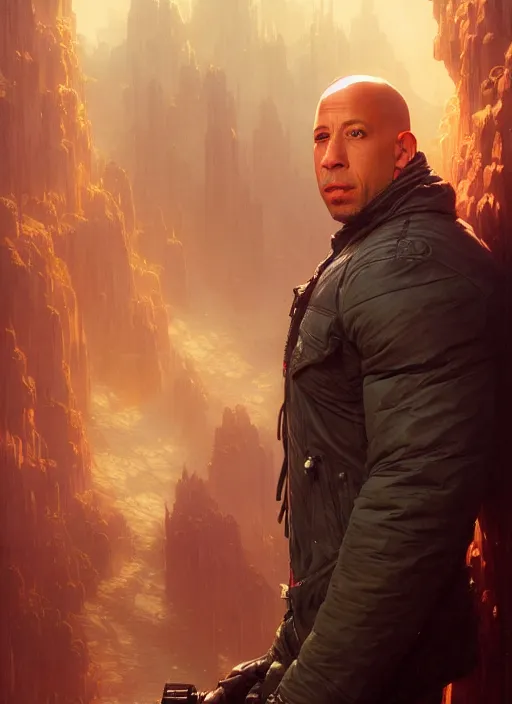 Image similar to Highly detailed portrait of vin diesel, Stephen Bliss, unreal engine, fantasy art by Greg Rutkowski, Loish, Rhads, ferdinand knab, Makoto Shinkai and Lois van baarle, ilya kuvshinov, rossdraws, Tom Bagshaw, alphonse mucha, global illumination, radiant light, detailed and intricate environment