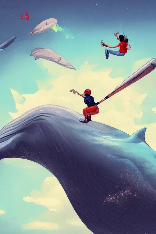 Image similar to people playing baseball while whales fly in the sky, digital art, artstation trending, digital painting