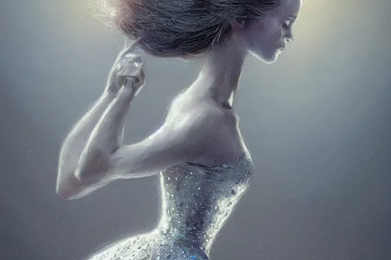 Prompt: silver ballerina, painted by keith parkinson and john giunta and tom jung and jeanbaptiste monge, trending on artstation, soft illumination tilt - shift cottagecore, futuresynth, still life, american romanticism, pointilism