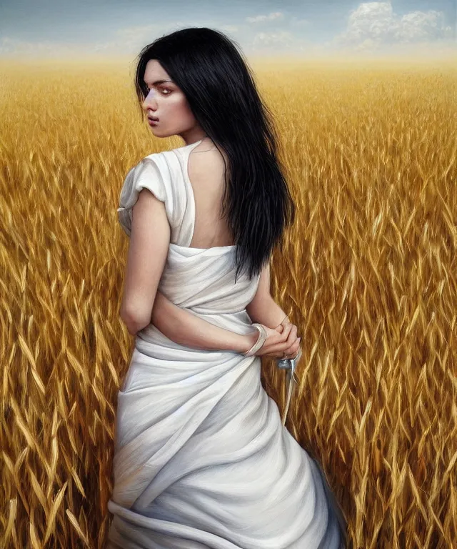 Prompt: Hyper realistic detailed painting of a Paludnitsa! (in a lush wheat crop). Perfect face, black hair, beautiful, white dress, melancholic!!, dreamlike, highly detailed, sharp focus, digital painting, art by Eddie Mendoza, detailed and intricate environment, highly detailed, award winning art.