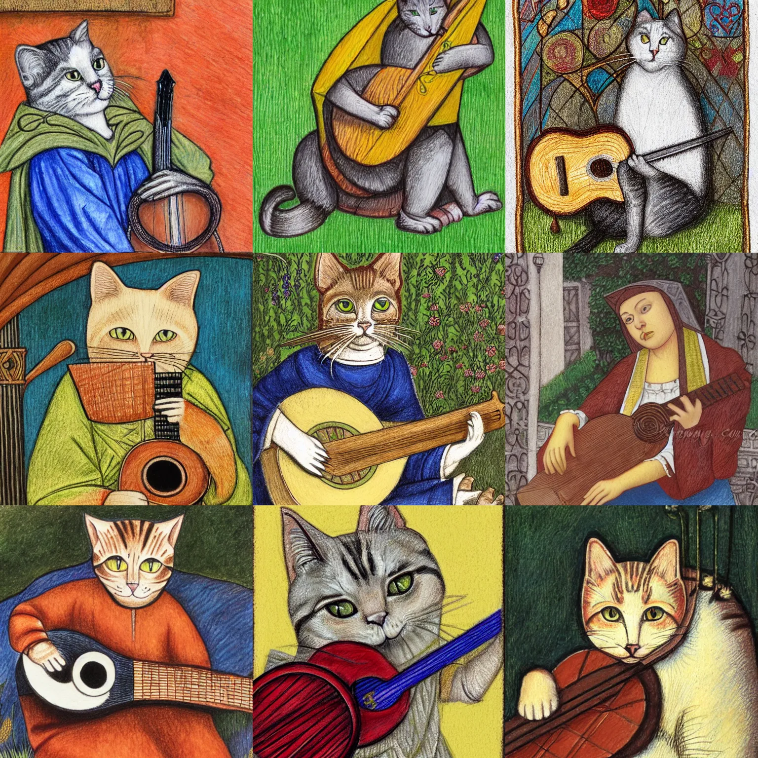 Prompt: cat with lute, sitting in the garden, medieval portrait, colored pencil, close up