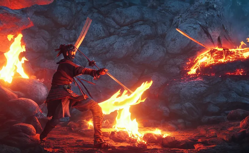 Prompt: highly detailed 3 d render of shinobi warrior throwing shurikens in front of massive fire, burning japanese village from sengoku period, surrounded by dense rock formations, black smoke, blue night, cinematic lighting, photobash, raytracing, high contrast