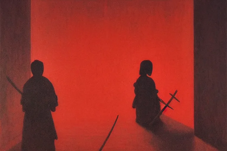 Image similar to only with red, a red samurai harakiri, tokio, a lot of frogs watch, in the style of beksinski, parts by edward hopper, parts by rodcenko, parts by yue minjun, intricate and epic composition, red by caravaggio, insanely quality, highly detailed, masterpiece, red light, artstation, 4 k