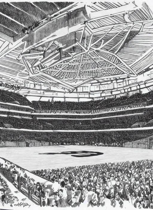 Prompt: ink drawing of Rupp arena