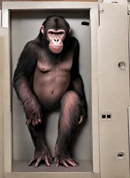 Image similar to uncanny hybrid human - ape, half human half ape inside fuse box in post communist apartment building