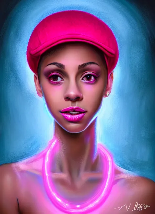 Image similar to portrait of teenage vanessa morgan with bright pink hair, black girl, curly pixie cut hair, wearing newsboy cap, pink short haircut, newsboy cap, hoop earrings, blue eyes, intricate, elegant, glowing lights, highly detailed, digital painting, artstation, concept art, smooth, sharp focus, illustration, art by wlop, mars ravelo and greg rutkowski