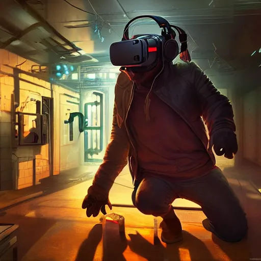 Image similar to a man gets caught in a perpetual 3 d virtual reality, three point lighting, by yuumei, bayard wu, wlop, tim white, ross tran, 4 k