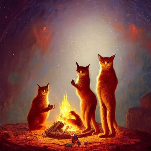 Image similar to three cute caracals wearing red ties with guitar, campfire, night, atmospheric lighting, intricate, volumetric lighting, digital art, highly detailed by gaston bussiere, craig mullins, j. c. leyendecker 8 k