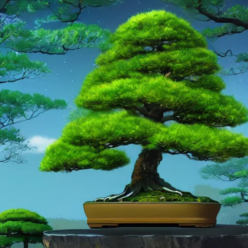 Prompt: a peaceful bonsai forest, bonsai art, anime scene by Makoto Shinkai, digital art, 4k