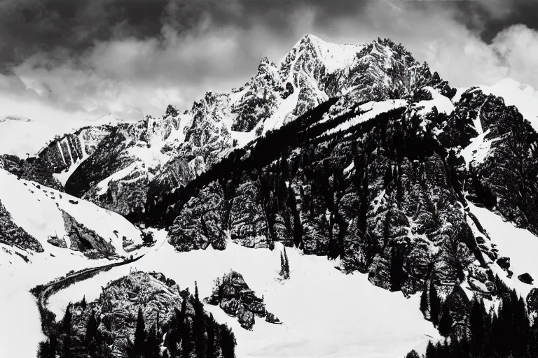 Image similar to small dinosaur, vallye, snowy peaks, by ansel adams, black and white, old, master photography