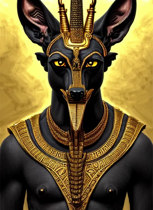 Image similar to angry god anubis, growling jackal with egyptian headdress and nemes, ornate art nouveau detail, symmetrical portrait, black and gold palette, fantasy, intricate, elegant, highly detailed, colorful, dark colors, dramatic shadow, digital painting, artstation, concept art, art by artgerm and greg rutkowski and ruan jia,