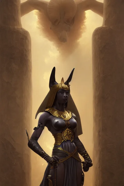Prompt: Mystical Valkyrie, Portrait of a beautiful female Anubis warrior, Regal, Realistic, Refined, Detailed Digital Art, Oil Painting, William-Adolphe Bouguereau, Art Frahm, Esao Andrews, Steampunk, Walt Disney (1937), Highly Detailed, Cinematic Lighting, Unreal Engine, 8k, HD