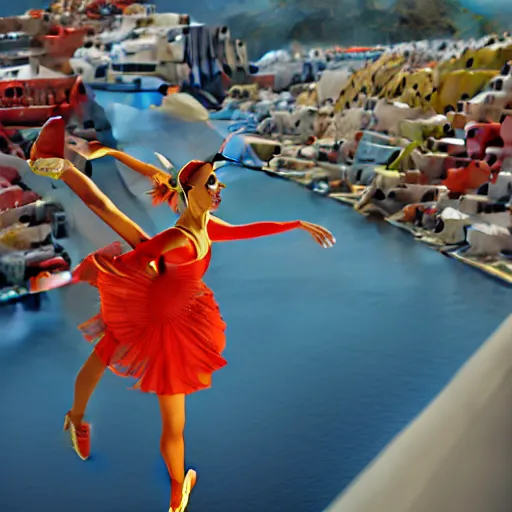 Image similar to beautiful modern dancer wearing a red, yellow, blue swirling dress, standing on a Santorini terrace looking down into the ocean, trending on artstation, cinematic, photorealistic