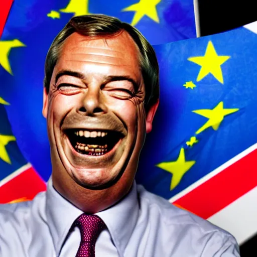 Image similar to nigel farage laughing holding burning eu flag, studio photograph, hd, studio