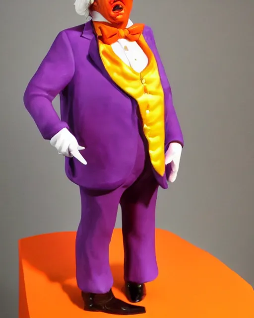 Prompt: wide angle full body photo of a maquette sculpture of donald trump as willy wonka, he is wearing a victorian era purple jacket and pants, and a velvet purple top hat over his long orange hair. he is holding a candy cane colored cane. his skin is an orange color like an oompa loompa. in the style of sideshow collectibles, highly detailed sculpture