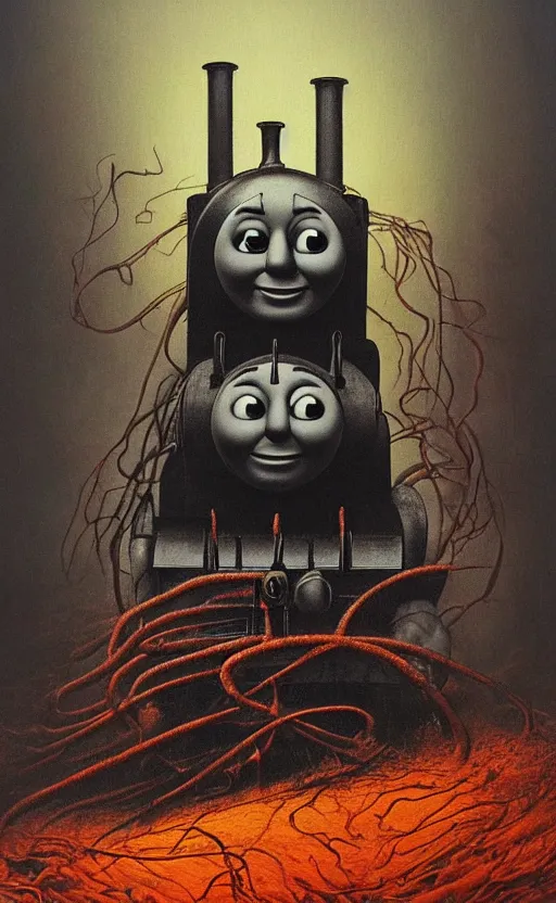 Image similar to thomas the tank engine in style of zdzisław beksinski, extremely dramatic lighting, 8 k, tendrils, black, darkness, black slime tendrils, infected, rust, body horror, thomas the train, thomas the tank engine face, horror,