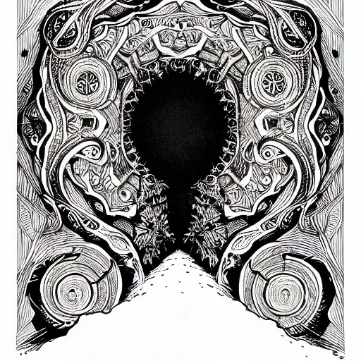 Prompt: eldritch portal, black ink on paper, trending on artstation, beautiful, intricate, detailed