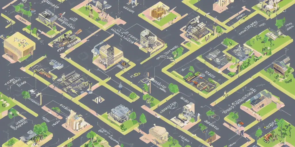 Image similar to getting ready for work map axonometric pastel infographic by Wes Anderson