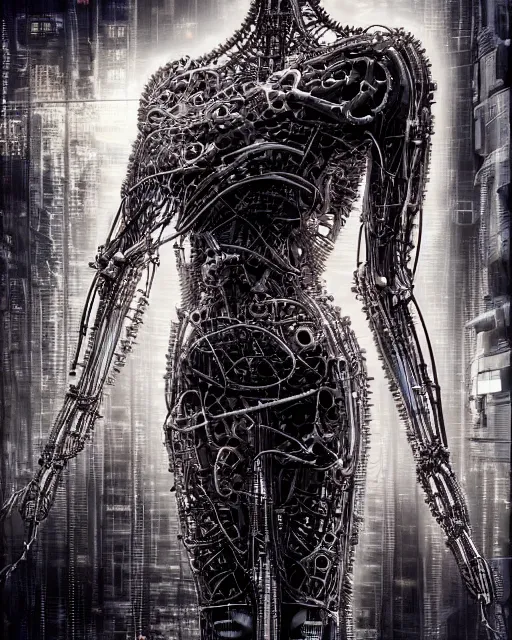 Image similar to photo of a biomechanical torso of a cyborg plugged into a quantum computer with cables and wires. cyberpunk horror style. art by luis royo. highly detailed 8 k. intricate. nikon d 8 5 0 5 5 mm. award winning photography.