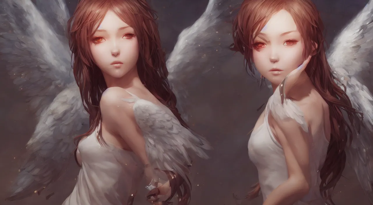 Image similar to an oil painting of a beautiful anime girl with angel wings, by artgerm, wlop and greg rutkowski, hd, hdr, ue 5, ue 6, unreal engine 5, cinematic 4 k wallpaper, 8 k, ultra detailed, high resolution, artstation, award winning