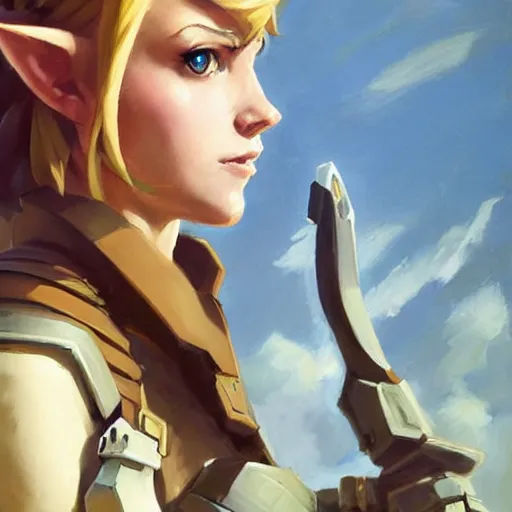 Image similar to greg manchess portrait painting of partially armored female link from legend of zelda as overwatch character, medium shot, asymmetrical, profile picture, organic painting, sunny day, matte painting, bold shapes, hard edges, street art, trending on artstation, by huang guangjian and gil elvgren and sachin teng