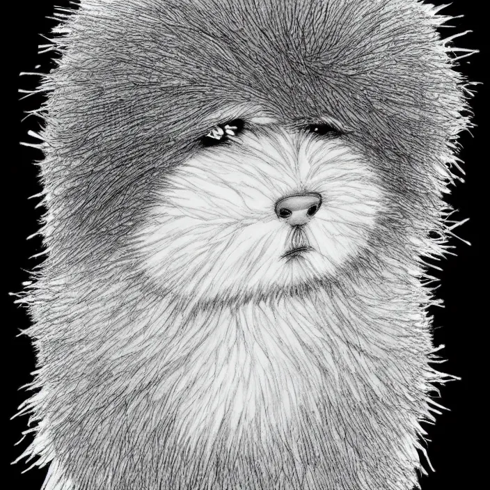 Prompt: a still frame from comic strip girl white fluffy hairy fur face, symmetrical, skin is made of white fluffy hairs, eyes made of snowflakes, close up 1 9 9 0, new yorker illustration, monochrome contrast bw, lineart, manga