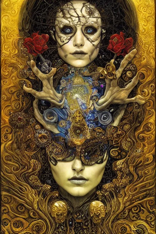 Prompt: Memento Mori by Karol Bak, Jean Deville, Gustav Klimt, and Vincent Van Gogh, beautiful visionary mystical portrait, calavera, otherworldly, fractal structures, ornate gilded medieval icon, third eye, spirals, jeweled calavera by Jean Delville